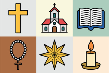 Flat vector icons for religious celebration, featuring cross, church, Bible, rosary, guiding star, and burning candle light,