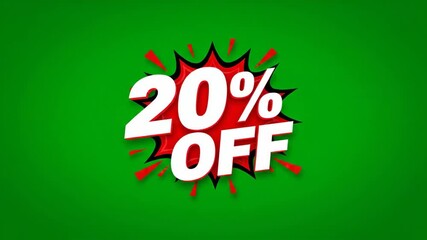 Animated 20% off sale tag with a lens flare effect. Red and white promotional discount graphic on a green screen background. Special offer for retail and advertising - Powered by Adobe