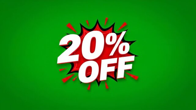 Animated 20% off sale tag with a lens flare effect. Red and white promotional discount graphic on a green screen background. Special offer for retail and advertising - Powered by Adobe