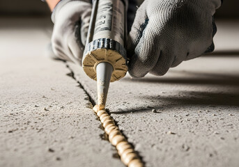 Closeup of a worker applying sealant with a caulking gun to seal a crack in a concrete floor, showcasing home improvement and repair work with precision and skill