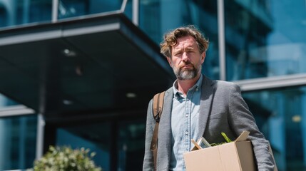 A professional man leaving the office with a box, symbolizing change and new beginnings in the business world.