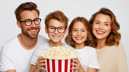 Family of four smiling while holding large bowl of popcorn in bright and cheerful atmosphere. Concept of family bonding, home entertainment, joy