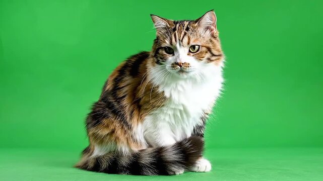 Calico Cat Sitting on Green Screen Background with Brown Black and White Fur Illuminated Studio Lighting