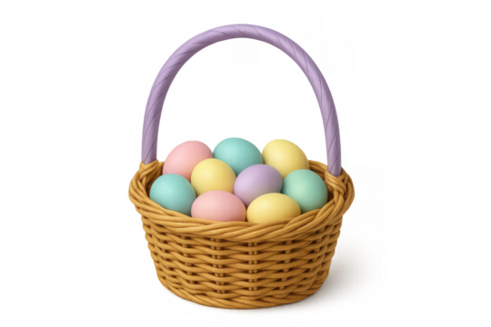 Easter basket filling with colorful pastel eggs, celebrating spring holiday traditions on transparent background