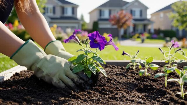 A gardener plants a purple petunia flower in a raised bed. Close-up of gloved hands working with soil in a suburban backyard. Springtime home and garden activity