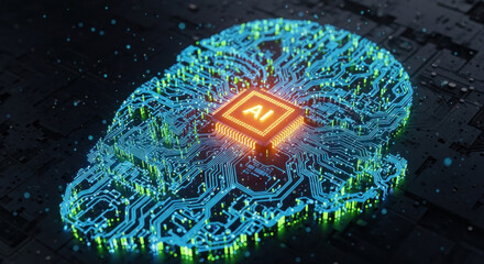 Futuristic digital representation of an AI brain with glowing circuits against a dark tech background
