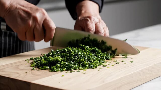 Chef's hands chopping fresh basil with a knife on a wooden board. Close-up of a cook mincing green herbs in a kitchen. Healthy food preparation concept