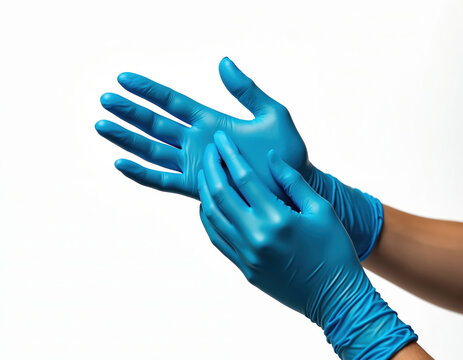 Close up on hands putting on bright blue nitrile gloves. Protective wear for medical or lab work. Hygiene and safety for healthcare workers. Clean sterile hand care.
