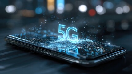 Futuristic Smartphone Displaying 5G Technology with Digital Effects