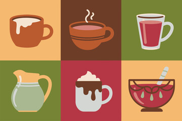 Detailed flat vector icons for festive warm beverages, showing hot cocoa, punch, pitcher, whisk, and creamy whipped topping,