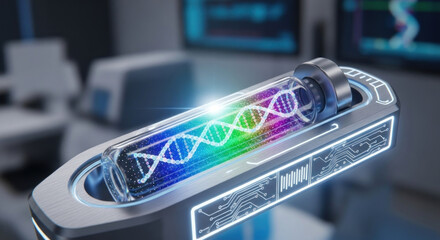 Futuristic DNA vial glowing with colorful strands in a high-tech laboratory setting