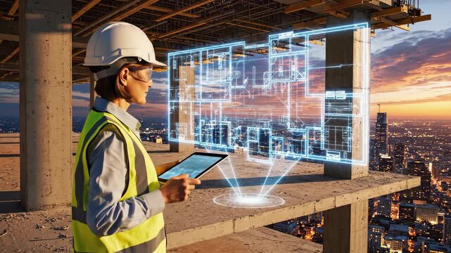 A female engineer uses a futuristic holographic interface on a construction site. Architect interacting with augmented reality blueprints. Future of construction technology and innovation