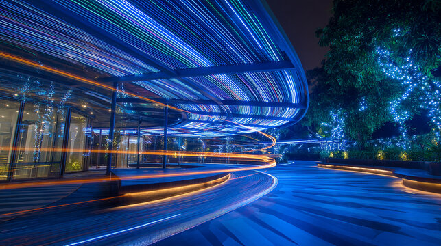 Abstract light trails in a modern outdoor space at night