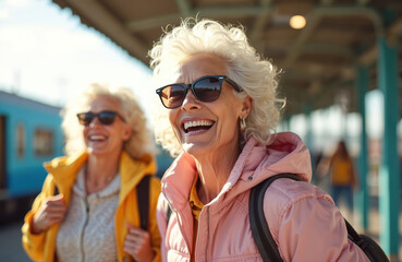 Two mature women smile at train station. Senior ladies ready for holiday travel. Active retirees laugh. Friends on trip enjoy vacation together. Positive emotions and joyful mood fill their journey.