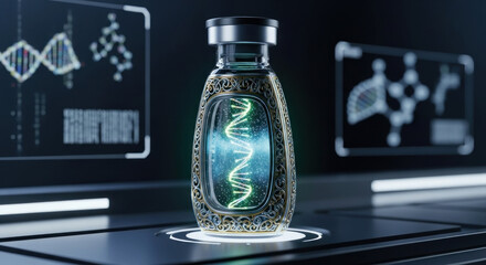 Futuristic DNA vial illuminated in a high-tech laboratory with digital screens displaying molecular structures
