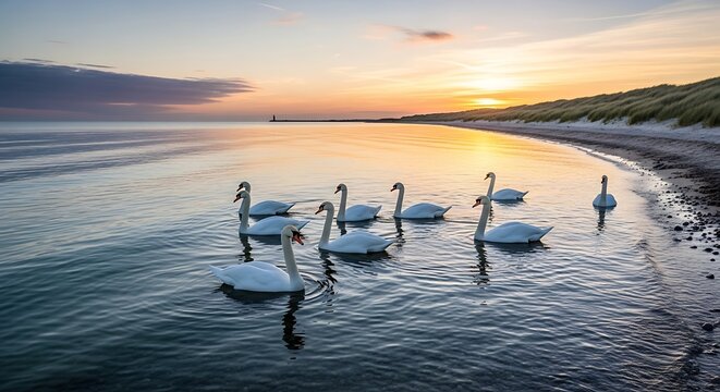 A flock of white birds swims near a shoreline at sunset. The sky is a gradient of colors, reflecting in the water - Powered by Adobe