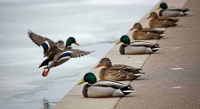 A flock of wild ducks, mostly resting on a concrete ledge, one taking off near the icy water's edge - Powered by Adobe