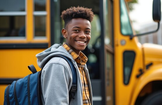 African American teenage boy exits school bus smiling confidently. Wears grey hoodie, plaid shirt backpack. Bright yellow bus in background. Represents education, youth, optimism, back to school