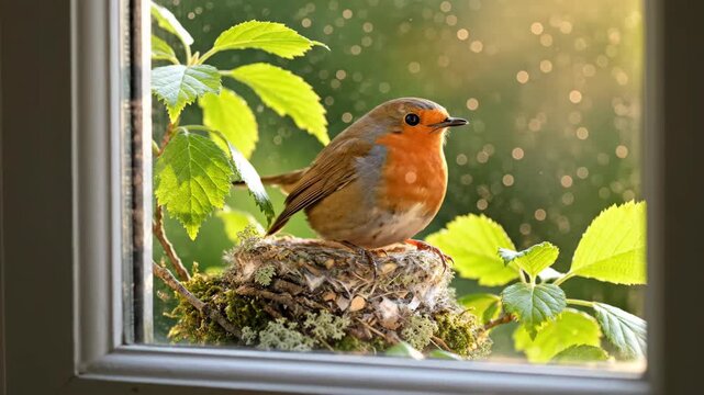 A European robin with spread wings lands on its nest outside a window. Close-up of a wild bird nesting in a garden during spring.