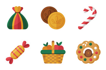 Outline color icons for holiday goodies, illustrating sweet candies, cookies, gift bags, coins, and festive woven basket,