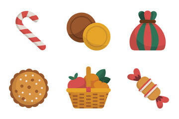 Detailed flat vector icons for festive desserts, showing candy cane, cookies, gift bags, caramel, and basket of fruits,