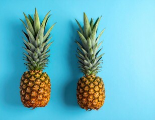 Two pineapples with green tops on a light blue background