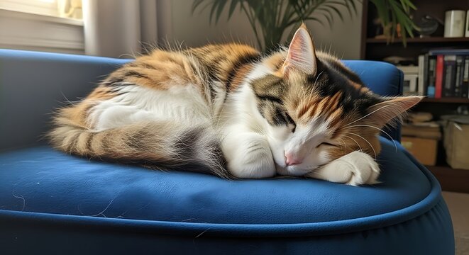 A fluffy, calico cat sleeps curled up on a vibrant blue velvet chair. Warm sunlight streams in, illuminating the scene