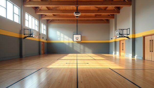 Empty school gymnasium with wooden floor and basketball hoops. Sunlight streams through windows onto the court. Multipurpose indoor sports hall.