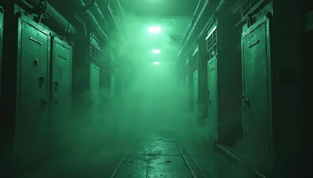 Smoky green hallway inside industry facility. Metallic doors stand along corridor. Dim lights illuminate eerie dense fog. Gloomy atmosphere. Interior suits horror game background mistery adventure