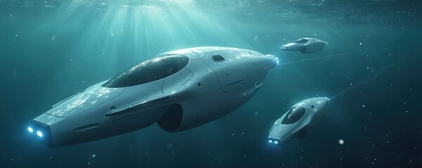 Fototapeta premium Illustration presents futuristic autonomous underwater pods. Pods move in water. Advanced tech vehicles travel below surface. Technological innovation, design. Submarine transport concept. Digital