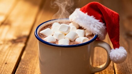 Hot chocolate with marshmallows and Santa hat on wooden table  