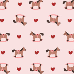 Seamless vector pattern with adorable rocking horses and bold red hearts