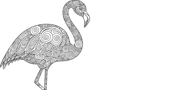 Intricate black and white mandala pattern fills a stylized flamingo silhouette