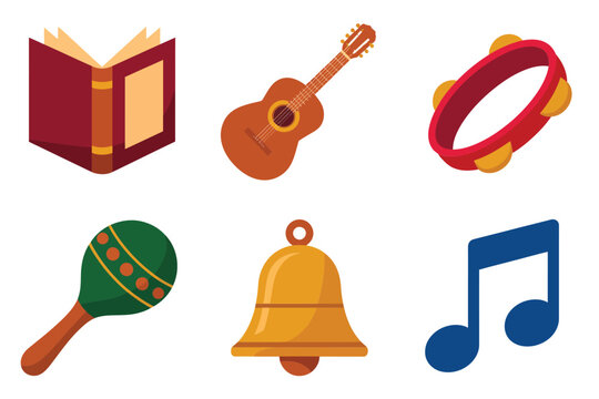 Flat vector icons for holiday music, featuring open book, guitar, drum, maraca, bell, and decorative musical notes,