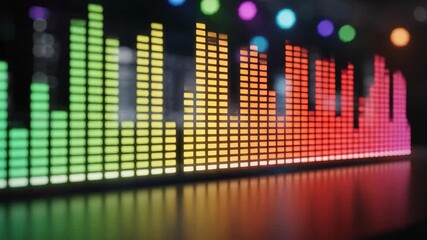 A colorful glowing digital audio equalizer moves to the beat. Animated sound spectrum analyzer with rainbow bars on a reflective surface. Music visualization and technology background
