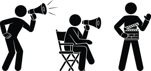 Three Black Stick Figures Director with Megaphone, Filmmaker on Chair, and Clapboard Assistant