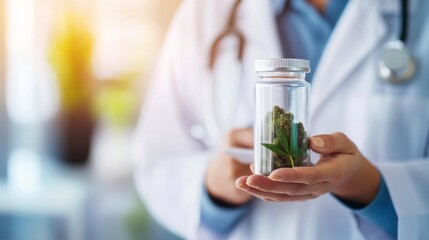 Doctor holding medical marijuana container during consultation. Soft natural light. Hospital office background.