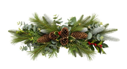 Festive Christmas Garland with Pine Cones Holly Berries and Frosted Greenery Isolated On A transparent Background