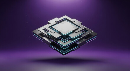 Futuristic geometric design with layered shapes and glowing edges on a purple background