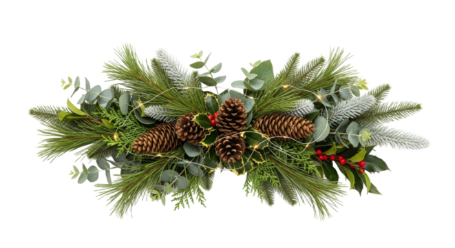 Festive Christmas Garland with Pine Cones Holly Berries and Frosted Greenery Isolated On A transparent Background