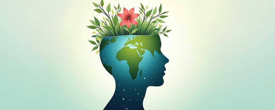 Human head silhouette filled with planet Earth and growing plants. Mindful concept for global mental health awareness and environmental consciousness.
