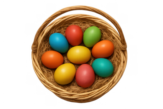 Colorful easter eggs in a wicker basket offering a festive celebration and spring holiday tradition