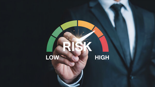 A businessman adjusting a risk meter with low to high indicators in a dark background setting