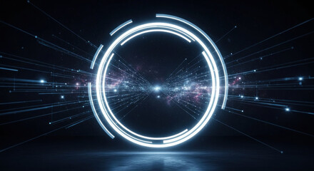 Futuristic glowing circular portal with radiant energy beams in a dark cosmic environment