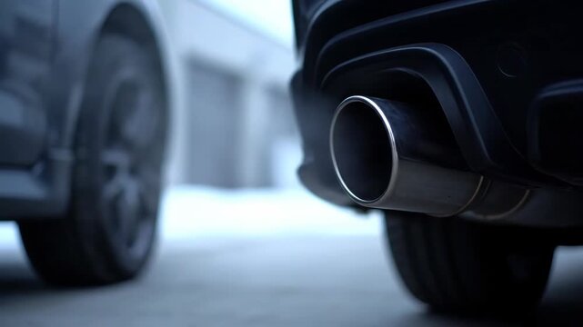 Vertical video of a car exhaust pipe emitting smoke. Vehicle emissions and air pollution from an internal combustion engine. Cold start concept