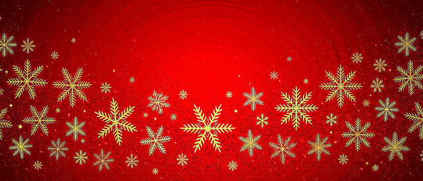 Snowflakes, red background, festive season, abstract art This image features elegant snowflakes in gold shades against a rich red backdrop.