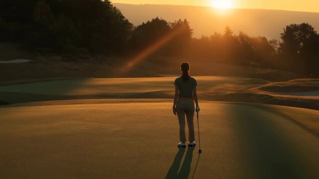 女性が夕日のフェアウェイを歩くゴルフの帰路、背中越しの静かな余韻