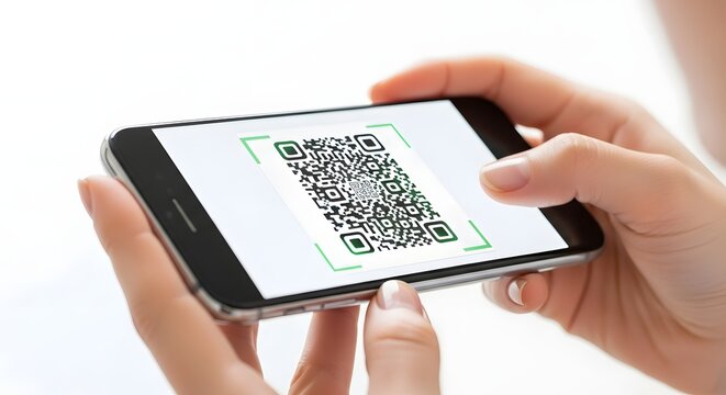 Closeup of a person scanning a qr code with a smartphone isolated on white background