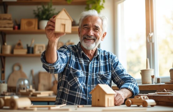 Smiling senior man holds miniature wooden house he made. He crafts tiny homes and vehicles in his workshop. Joyful carpenter with handmade toys.