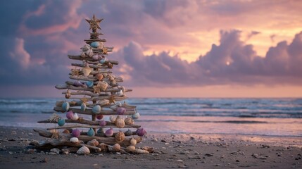 A seaside Christmas tree made of driftwood and sea shells on a quiet beach at sunset A whimsical Christmas tree floating in the clouds, decorated with stars and pastel ribbons